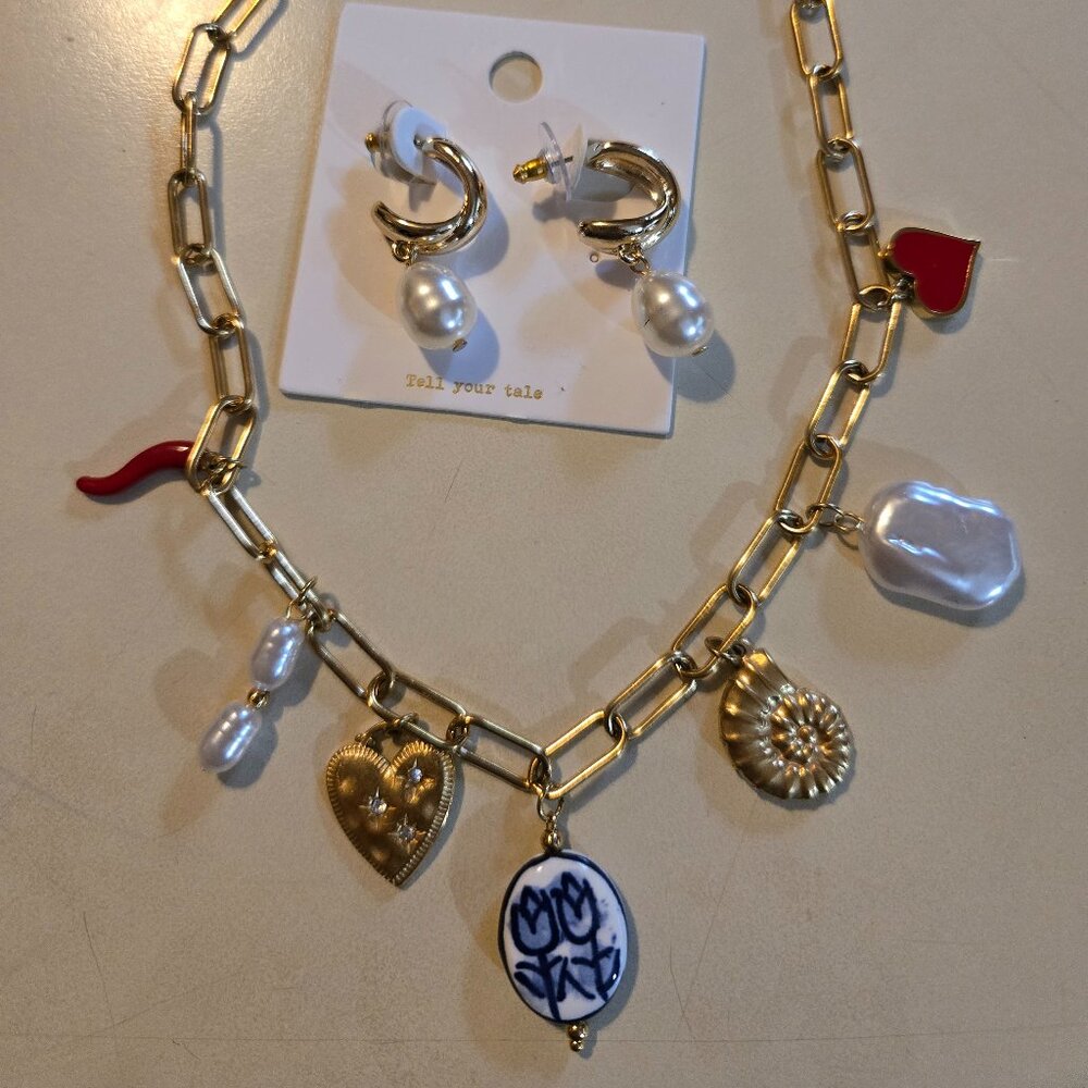 Gold 7 charm necklace, with coordinating earrings, NWT